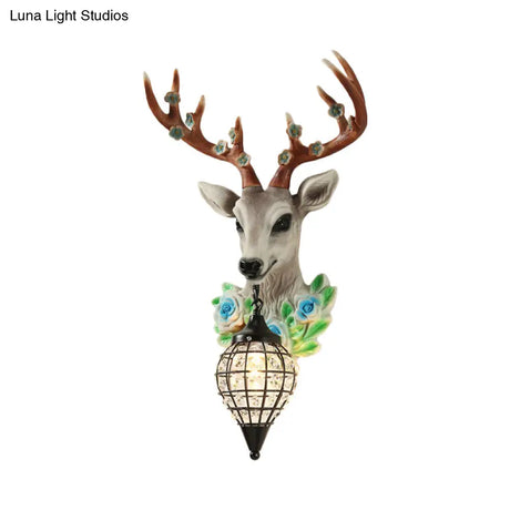 Elk Head Farmhouse Sconce: 1-Light Black & White Resin Wall Lamp With Flower Detail And Raindrop