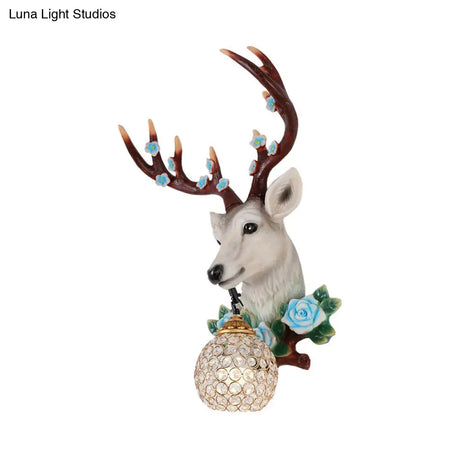 Elk Head Wall Sconce With Crystal Globe Shade Rustic White/Wood Finish And Flower Designs