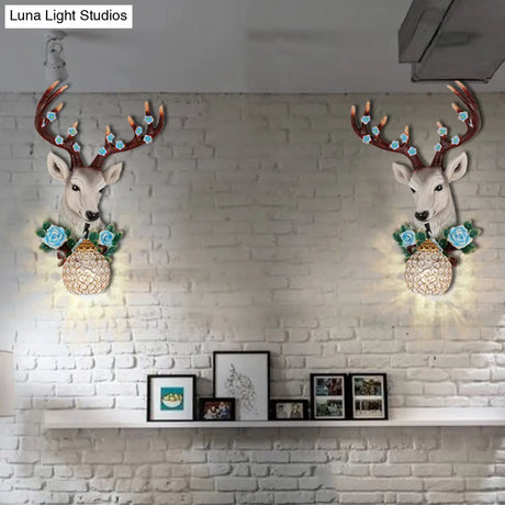 Elk Head Wall Sconce With Crystal Globe Shade Rustic White/Wood Finish And Flower Designs
