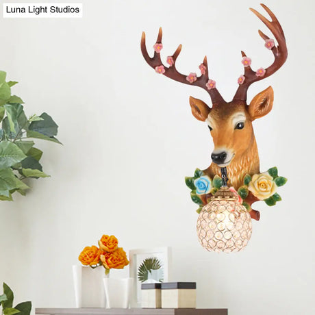 Elk Head Wall Sconce With Crystal Globe Shade Rustic White/Wood Finish And Flower Designs