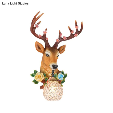 Elk Head Wall Sconce With Crystal Globe Shade Rustic White/Wood Finish And Flower Designs