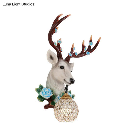 Elk Head Wall Sconce With Crystal Globe Shade Rustic White/Wood Finish And Flower Designs