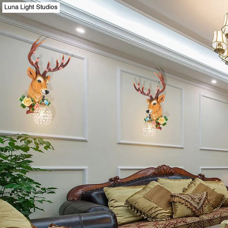 Elk Head Wall Sconce With Crystal Globe Shade Rustic White/Wood Finish And Flower Designs