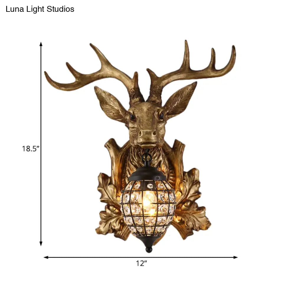 Ellipsoid Crystal Sconce With Gold Antler Backplate - Living Room Wall Mount Lighting For Farmhouse