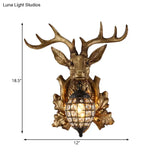 Ellipsoid Crystal Sconce With Gold Antler Backplate - Living Room Wall Mount Lighting For Farmhouse