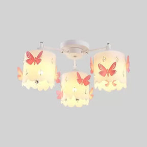 Etched Butterfly Pink Semi Flush Ceiling Light With Contemporary Cylinder Design