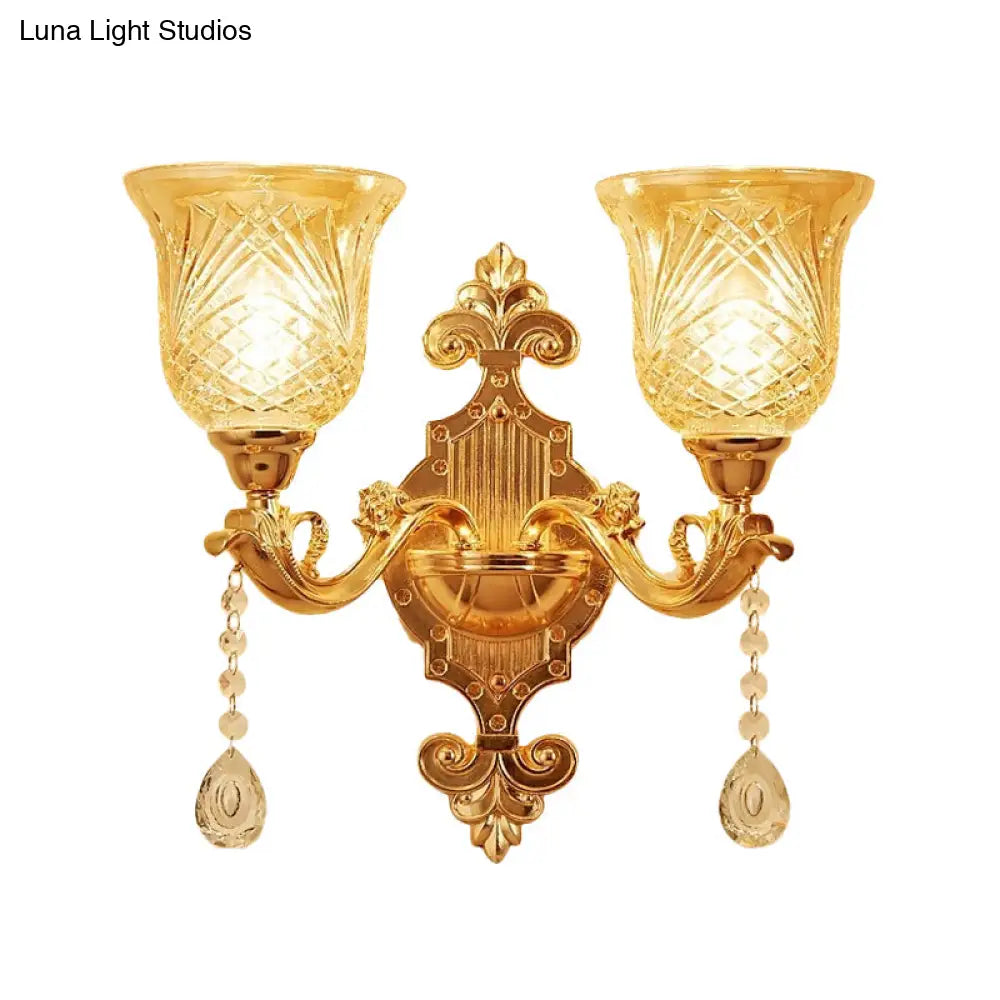 European Gold Textured Crystal Wall Sconce: 2-Light Dome/Flower Up Lamp Fixture