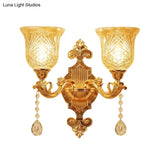 European Gold Textured Crystal Wall Sconce: 2-Light Dome/Flower Up Lamp Fixture