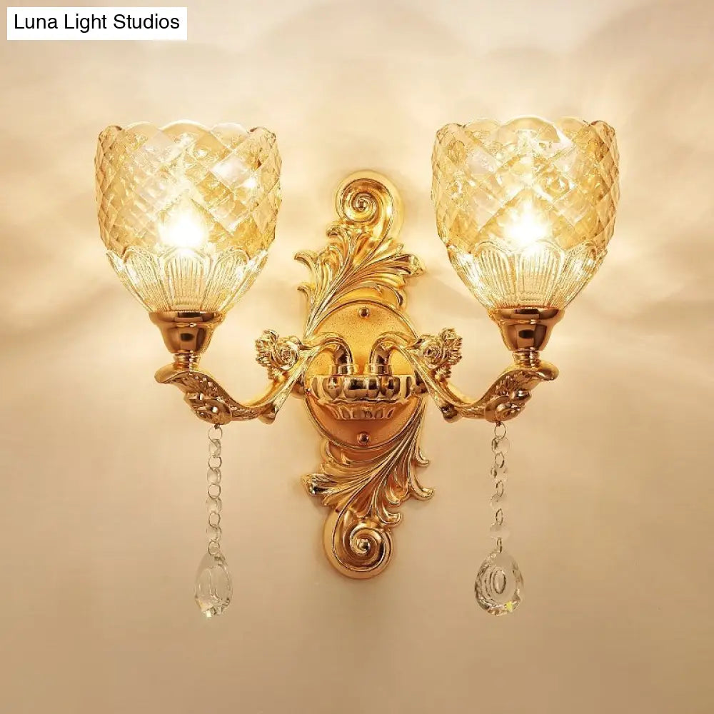European Gold Textured Crystal Wall Sconce: 2-Light Dome/Flower Up Lamp Fixture