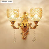 European Gold Textured Crystal Wall Sconce: 2-Light Dome/Flower Up Lamp Fixture