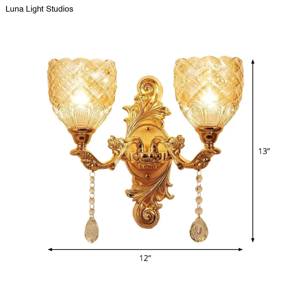 European Gold Textured Crystal Wall Sconce: 2-Light Dome/Flower Up Lamp Fixture