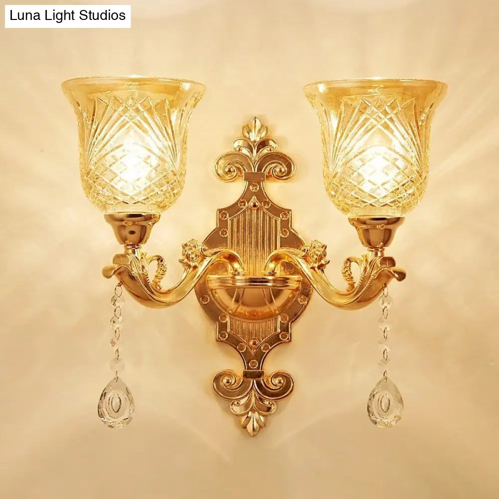 European Gold Textured Crystal Wall Sconce: 2-Light Dome/Flower Up Lamp Fixture