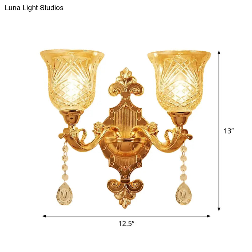 European Gold Textured Crystal Wall Sconce: 2-Light Dome/Flower Up Lamp Fixture