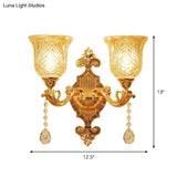 European Gold Textured Crystal Wall Sconce: 2-Light Dome/Flower Up Lamp Fixture