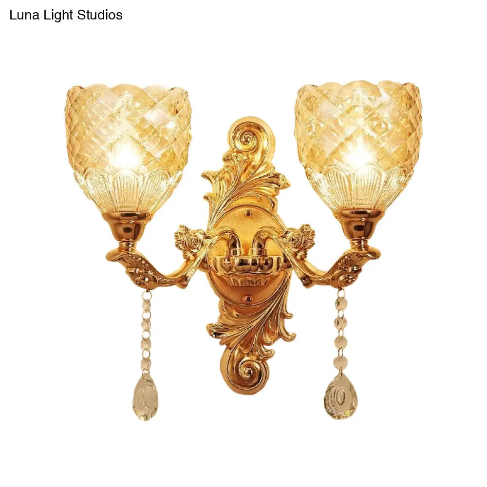European Gold Textured Crystal Wall Sconce: 2-Light Dome/Flower Up Lamp Fixture