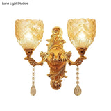 European Gold Textured Crystal Wall Sconce: 2-Light Dome/Flower Up Lamp Fixture