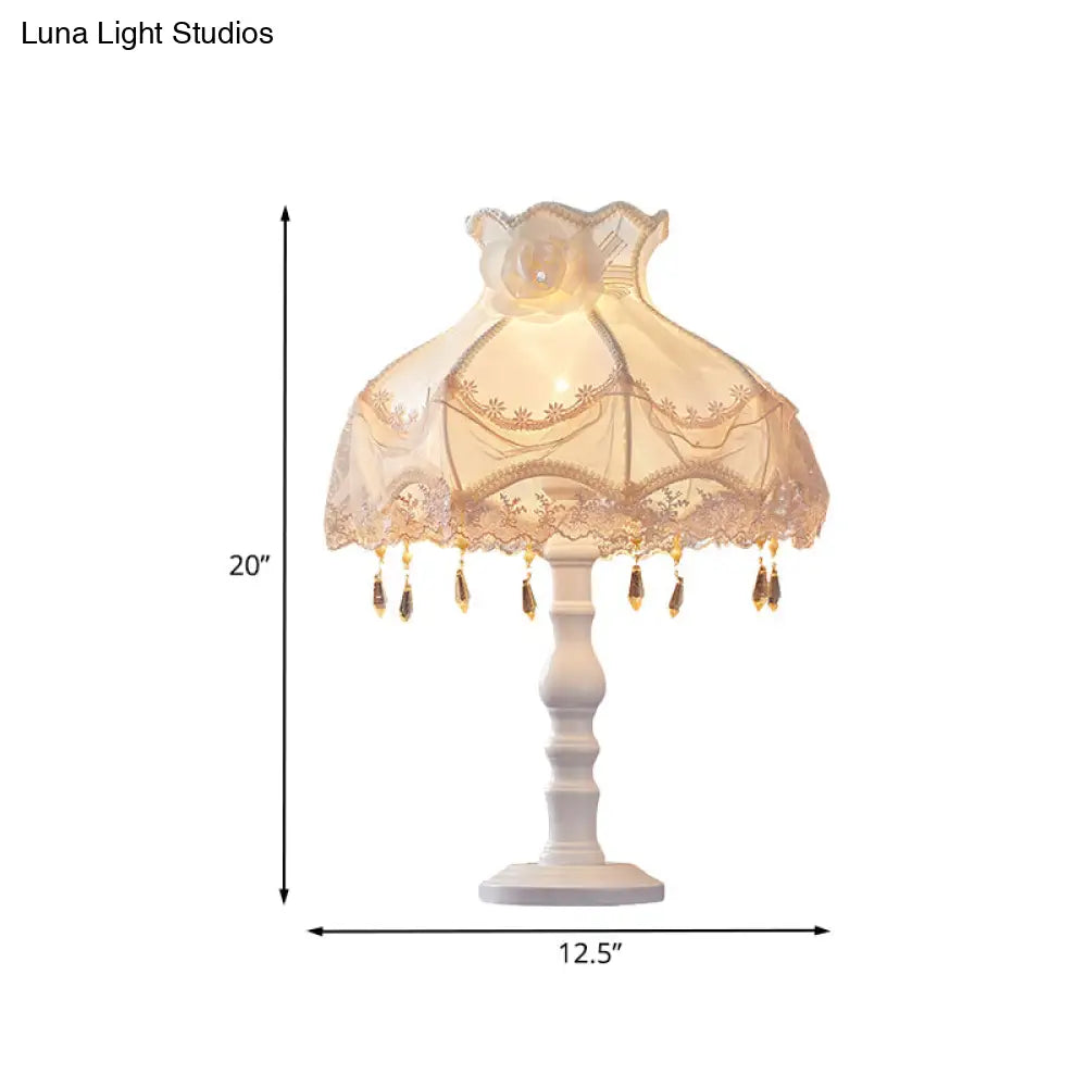 European White Nightstand Light With Flower/Lace Fabric And Draping Elegant Living Room Lighting