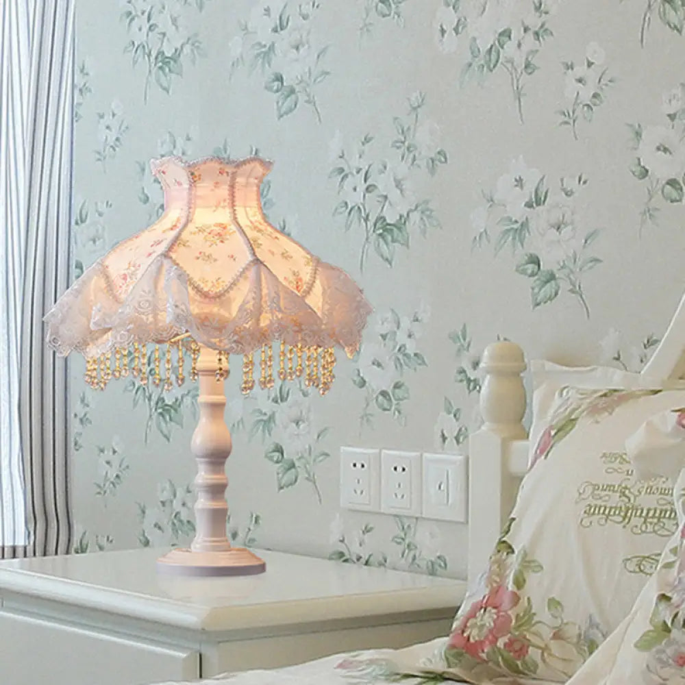 European White Nightstand Light With Flower/Lace Fabric And Draping Elegant Living Room Lighting /