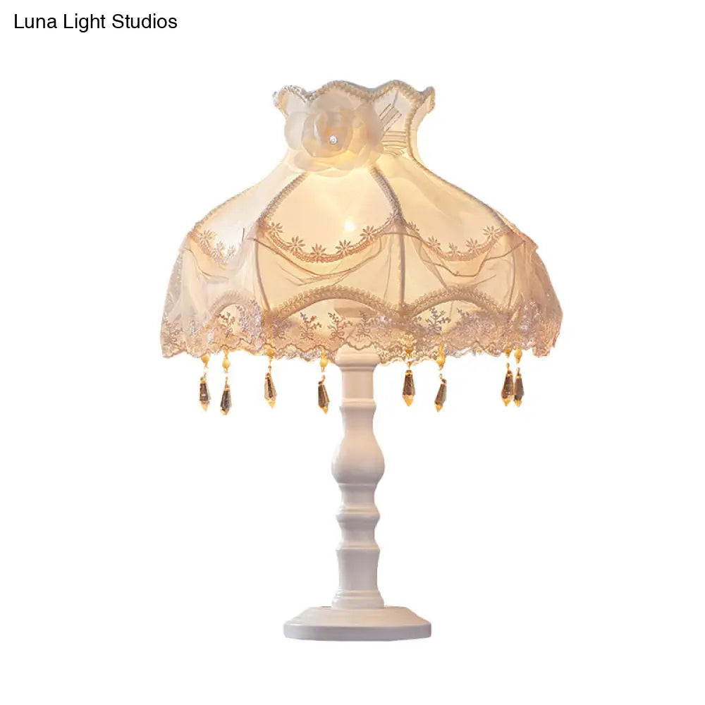 European White Nightstand Light With Flower/Lace Fabric And Draping Elegant Living Room Lighting