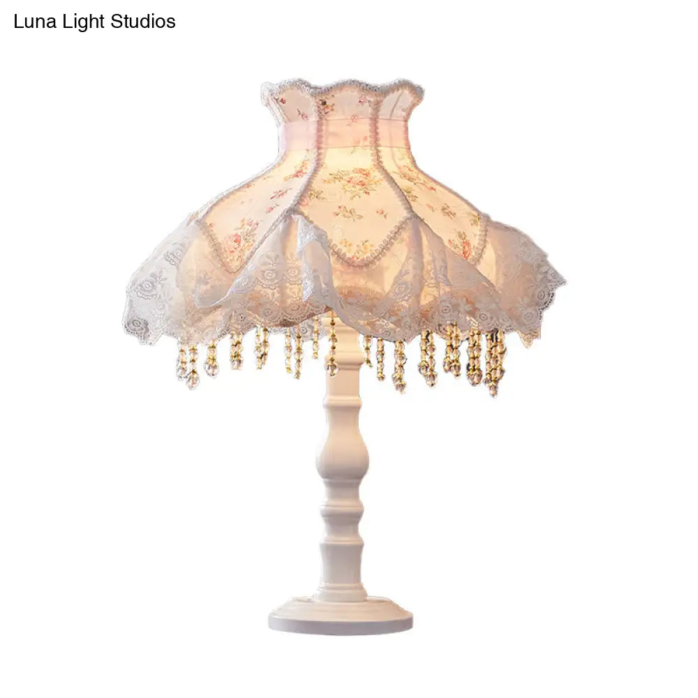 European White Nightstand Light With Flower/Lace Fabric And Draping Elegant Living Room Lighting