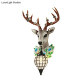 Faceted Crystal Sphere Wall Sconce Light - Black/White 1-Head Lamp With Elk Decor In Grey/Yellow