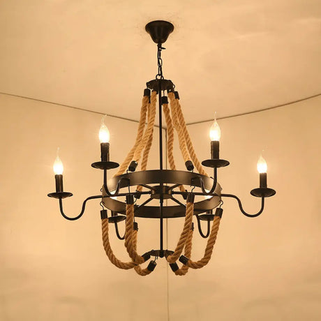 Factory Dining Room Chandelier: Wagon Wheel Metal Pendant Light Kit With Jute Rope In Black / F