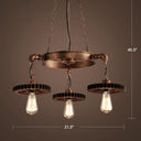 Factory Style Iron Suspension Chandelier With Bronze Finish & Gear Wheel Deco – Bare Bulb