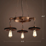 Factory Style Iron Suspension Chandelier With Bronze Finish & Gear Wheel Deco – Bare Bulb