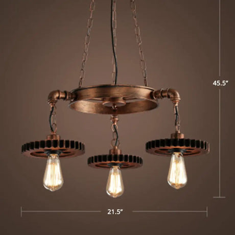 Factory Style Iron Suspension Chandelier With Bronze Finish & Gear Wheel Deco – Bare Bulb