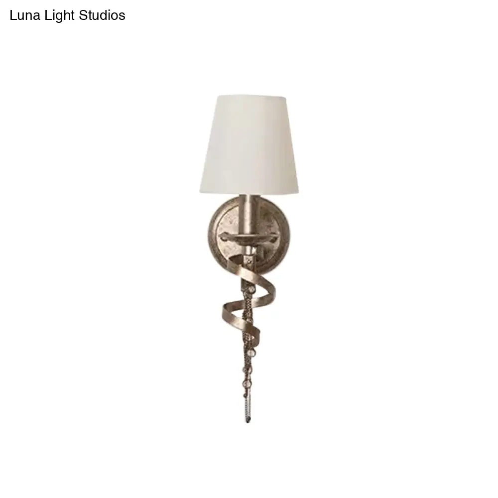Farmhouse Barrel Fabric Wall Sconce With Crystal Chain Deco And Spiral Design - White