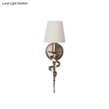 Farmhouse Barrel Fabric Wall Sconce With Crystal Chain Deco And Spiral Design - White