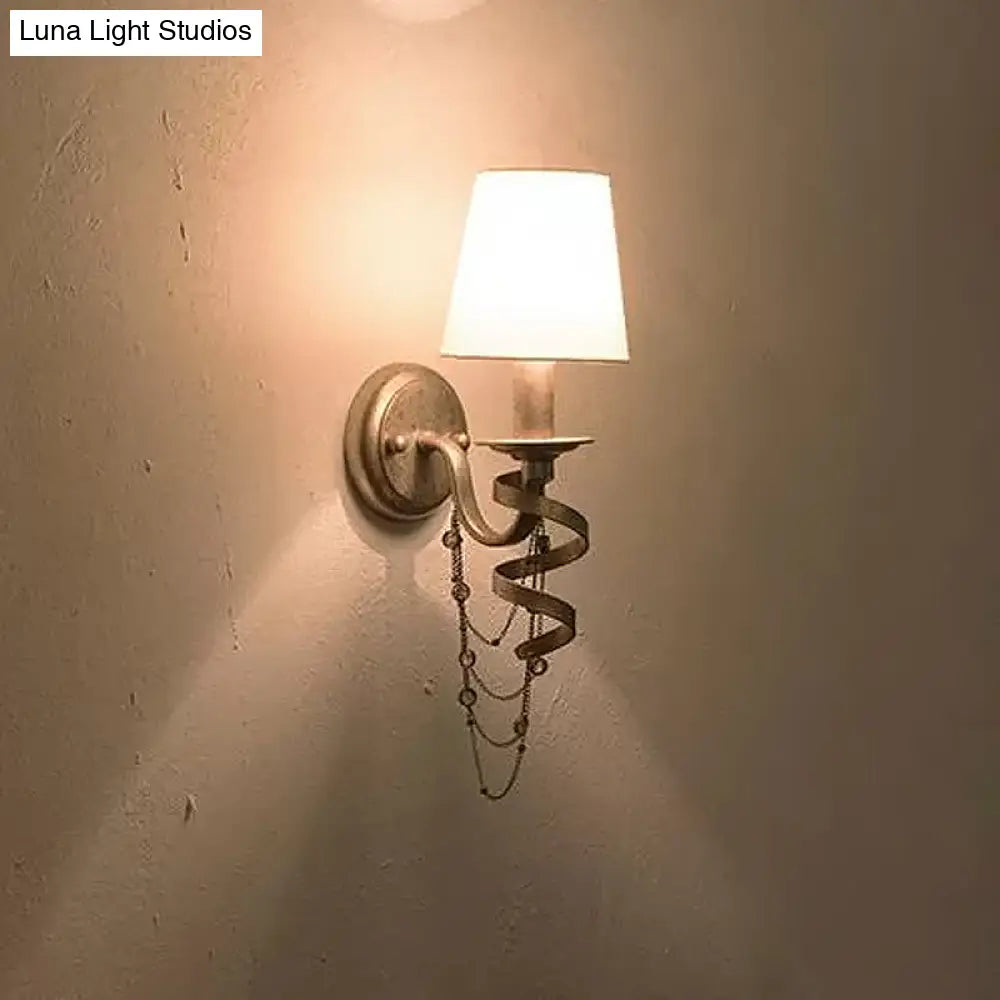 Farmhouse Barrel Fabric Wall Sconce With Crystal Chain Deco And Spiral Design - White