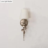 Farmhouse Barrel Fabric Wall Sconce With Crystal Chain Deco And Spiral Design - White