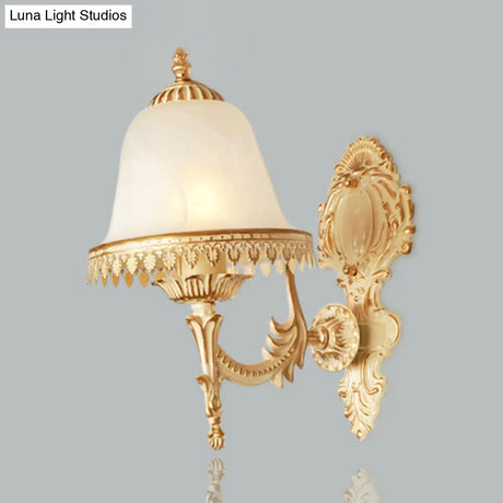 Farmhouse Beige Bell Wall Lamp With Opal Glass And Carved Trim - Perfect Bedroom Sconce