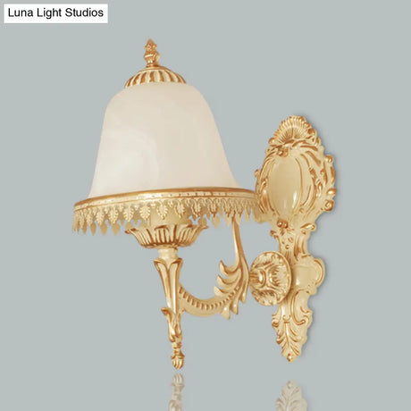 Farmhouse Beige Bell Wall Lamp With Opal Glass And Carved Trim - Perfect Bedroom Sconce