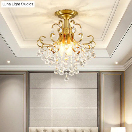 Farmhouse Bent Arm Frame Ceiling Light With Crystal Droplet - 3-Light Metal Semi Flush Mount