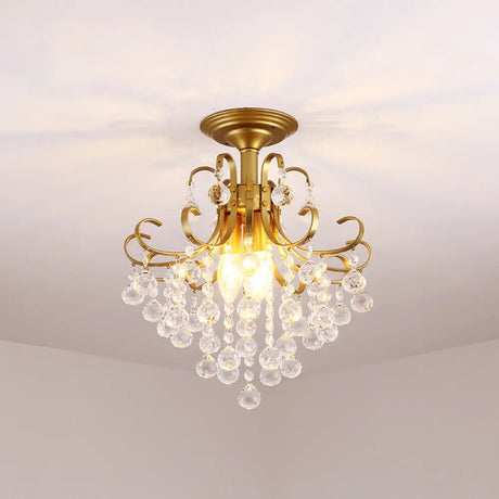 Farmhouse Bent Arm Frame Ceiling Light With Crystal Droplet - 3-Light Metal Semi Flush Mount Gold /