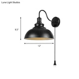 Farmhouse Black Metal Dome Sconce Light - Bedroom Wall Lamp With Plug-In Cord
