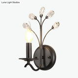 Farmhouse Black Metal Wall Light - Single-Bulb Candle Sconce With Crystal Twig Accents