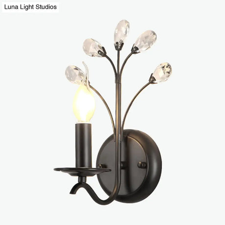 Farmhouse Black Metal Wall Light - Single-Bulb Candle Sconce With Crystal Twig Accents