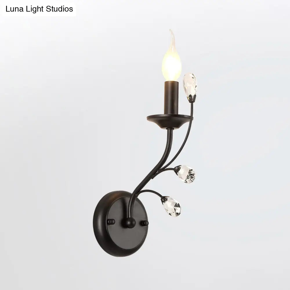 Farmhouse Black Metal Wall Light - Single-Bulb Candle Sconce With Crystal Twig Accents