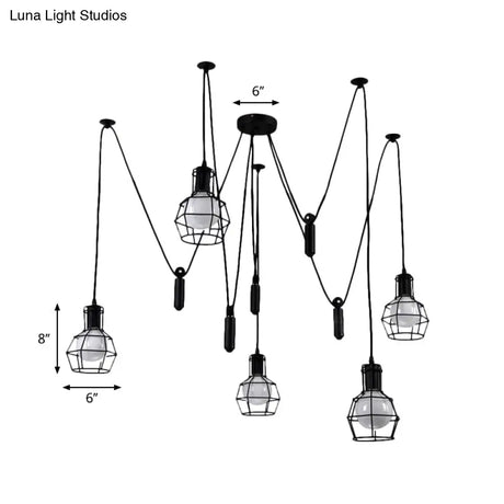 Farmhouse Black Metallic Pendant Light Fixture With Swag Design - 3/5/8 Head Caged Hanging Lamp