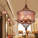Farmhouse Black/Red/White Metal Lantern Pendant: 5-Bulb Cage Suspension Lighting Fixture For Dining