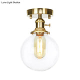 Farmhouse Brass Ceiling Light With Clear/Amber Glass Globe - Semi Flush Mount For Dining Room