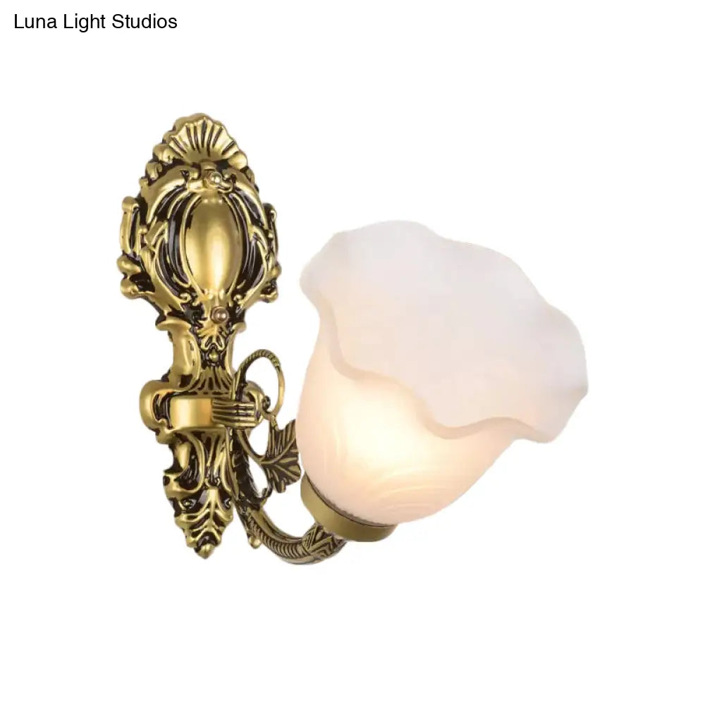 Farmhouse Bronze Wall Sconce With Frosted Glass - Corner Mount 1-Light