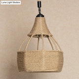 Farmhouse Brown Dining Table Pendant Light - Single Jute Rope Down Lighting With Pear Shape Design
