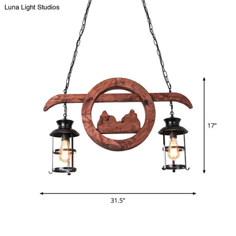 Farmhouse Brown Lantern Pendant Lamp With Clear Glass And Multiple Wood Arm Designs - Island Light