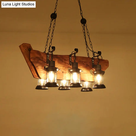 Farmhouse Brown Lantern Pendant Lamp With Clear Glass And Multiple Wood Arm Designs - Island Light