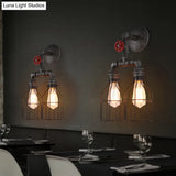 Farmhouse Caged Wall Sconce With Pipe Arm - 2-Light Wrought Iron Black Lamp