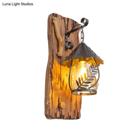 Farmhouse Clear Glass Wall Mounted Leaf Light With Wood Backplate - Brown